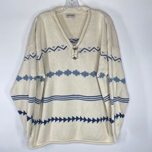 Vintage Avon Western Vneck Knit Sweater Cream Blue Size 2X/3X